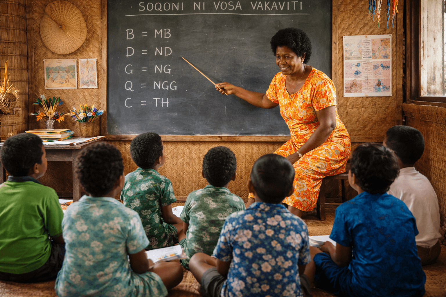 Classroom scene showing a Fijian spelling and pronunciation lesson
